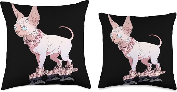 Sphynx Cat Figure Skater Ice Skates Kids Throw Pillow, 16x16, Multicolor