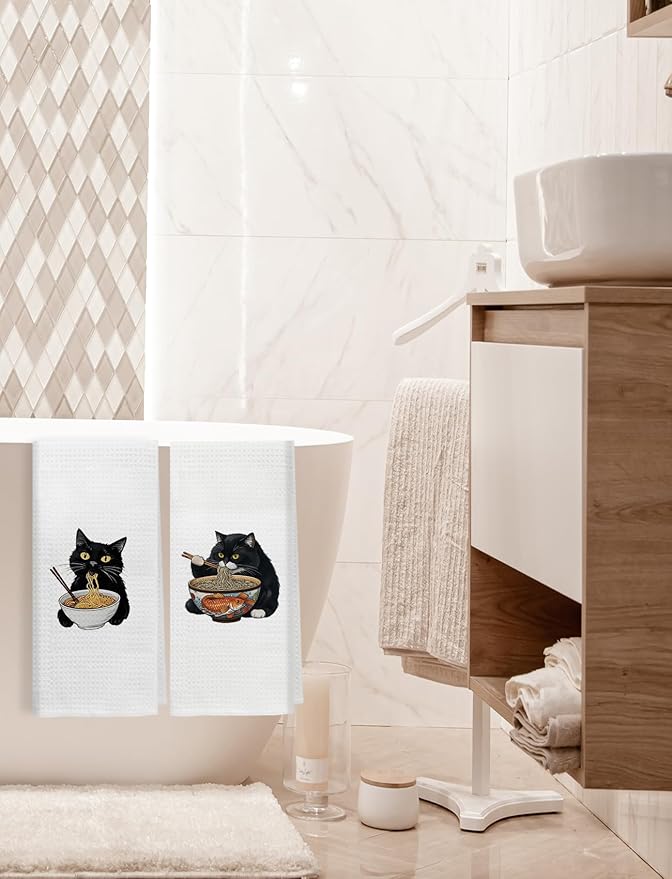 Funny Black Cats Kitchen Towels, Cat Gifts for Women Hand Towels for Bathroom Decor, Cute Black Kitten Decorative Dish Tea Towels for Kitchen, 16x24 Inch Set of 2