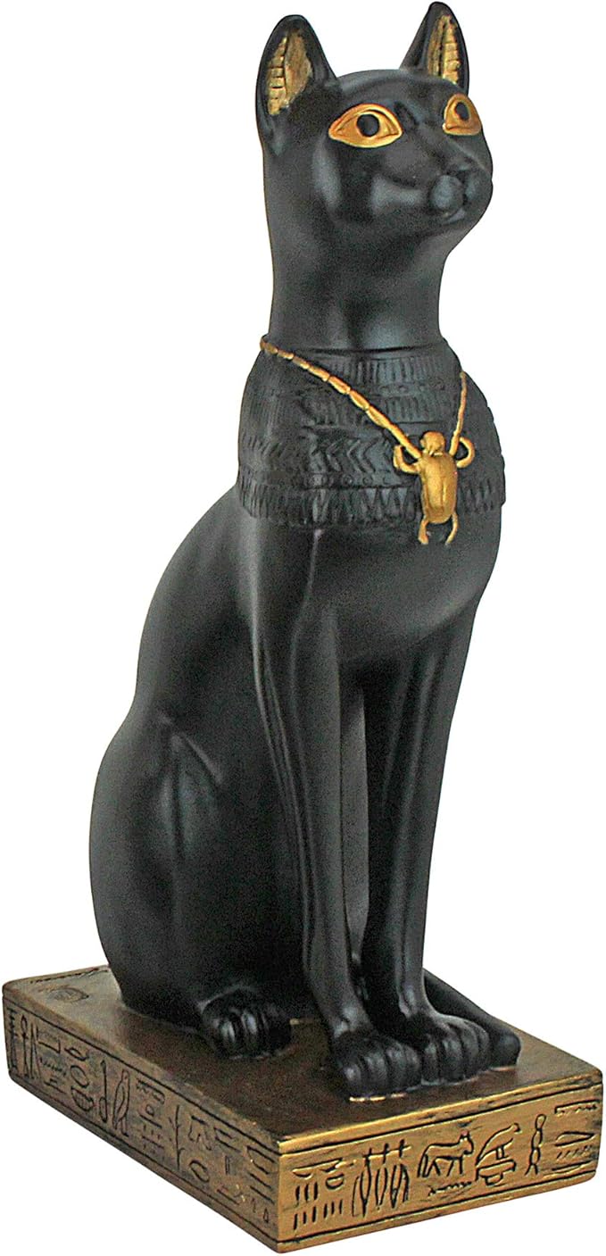 Design Toscano Egyptian Cat Diety Bastet Figurine Statue, 3 inches wide, 8 inches tall, Cast Stone Resin, Black & Gold Finish