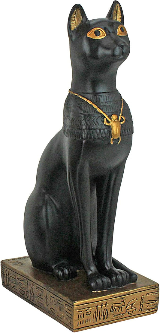 Design Toscano Egyptian Cat Diety Bastet Figurine Statue, 3 inches wide, 8 inches tall, Cast Stone Resin, Black & Gold Finish