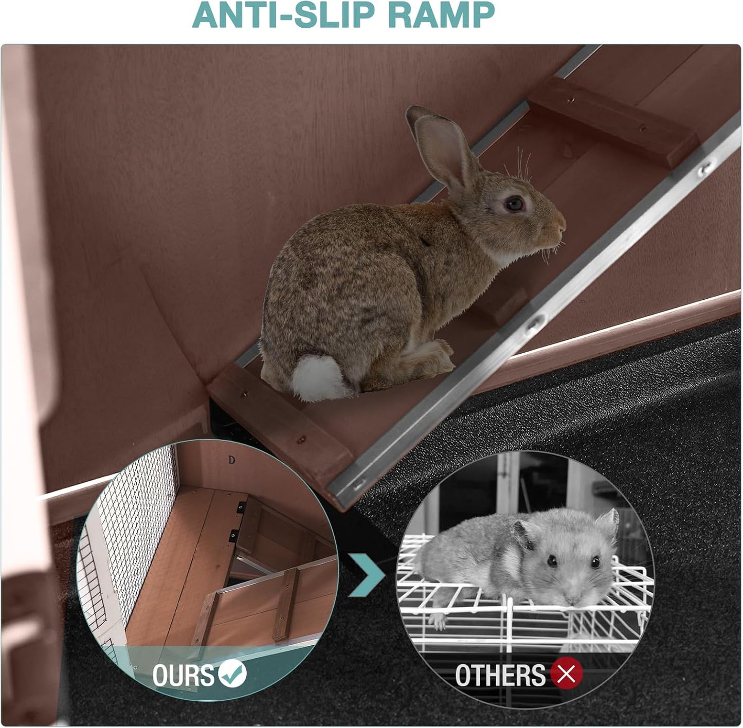 Rabbit Hutch Indoor Bunny House Guinea Pig Cage with Sliding Plastic Trays, Wheels & Ramp, 47.2" Multi-Door Wooden Small Animal Cage for Rabbits, Bunnies, and Guinea Pigs (Brown)