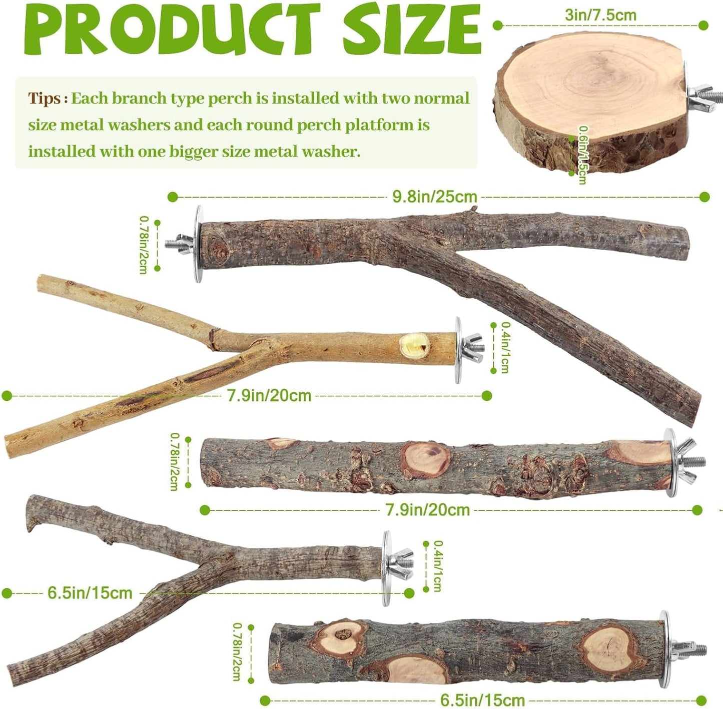 Natural Wood Bird Perches for Cage, Parrot Perch Stand & Platform, Bird Cage Accessories for Parakeets, Cockatiels, Conures, Lovebirds (Brown, Deluxe Playground Set - 12PCS)