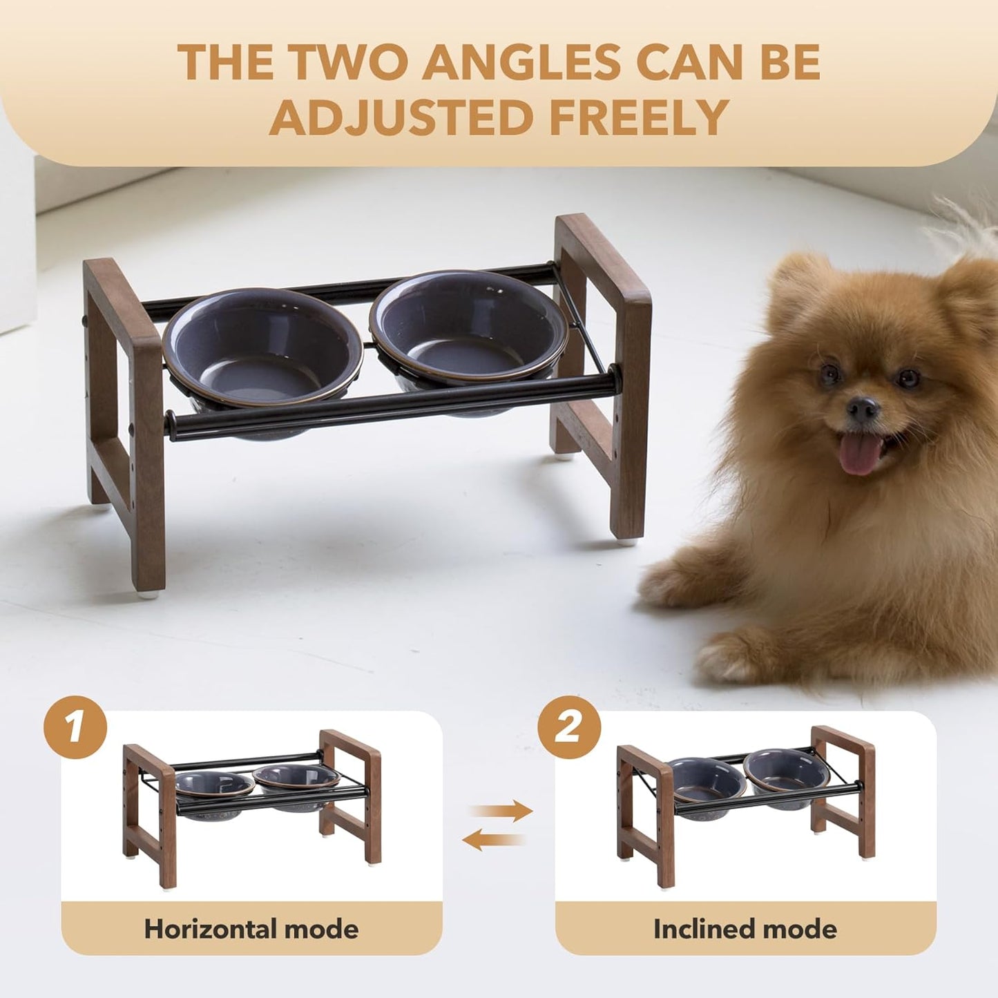 5.5inch Ceramic Adjustable Raised Double Bowls Set with Stand, 3 Heights Elevated, 2 Placement Options, Food and Water Dishes for Puppy, Cats（Double Bowls+Stand, Reactived Glaze -Grey