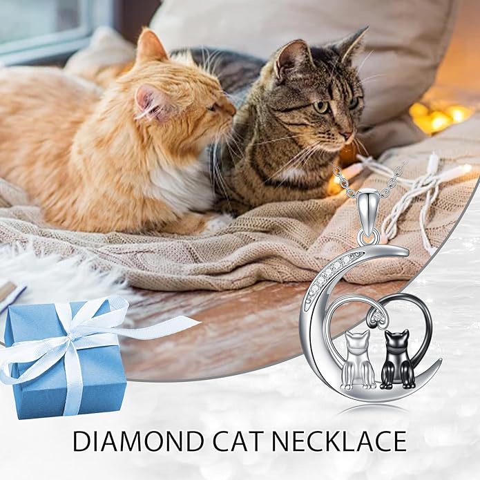 Diamond Black Cat Necklace for Women 925 Sterling Silver Cat on Moon Necklace Pendant Black Cat Jewelry Gifts for Women Mom Wife Girlfriend Daughter Girls