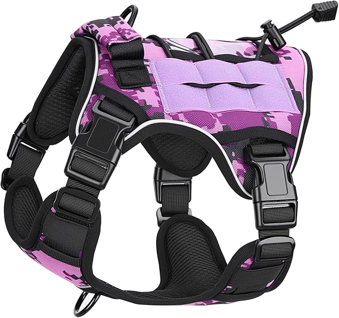 Heavy-Duty Tactical Dog Harness for Large Dogs, No Pull Adjustable Reflective Pet Vest with Molle System, K9 Military-Grade Control for Service Training, Outdoor & 10+ Breeds, Purple Camo, Small