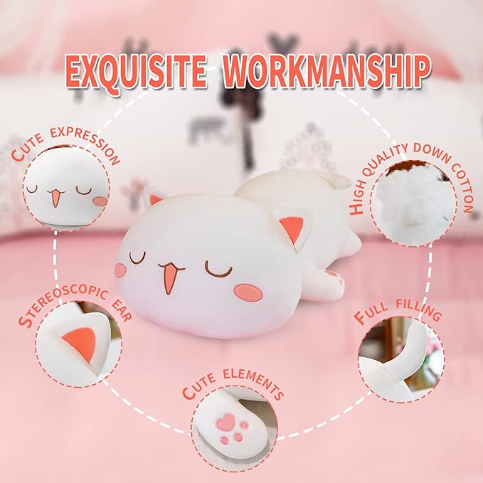 FUYU Cat Stuffed Animals, Soft Cat Plush Pillow Kawaii Kitten Stuffed Animal Toy Gifts for Kids Boys Girls Room Decor (White Squinted Eyes,35in/87)