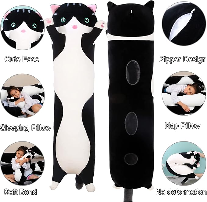 Giant Cat Pillow Plush Cartoon Kitty Sleeping Hugging Pillow, Cuddly Soft Long Kitten Body Pillow Doll Cat Cushion Toy for Kids Girlfriend (Black, 130cm/51.18inch)