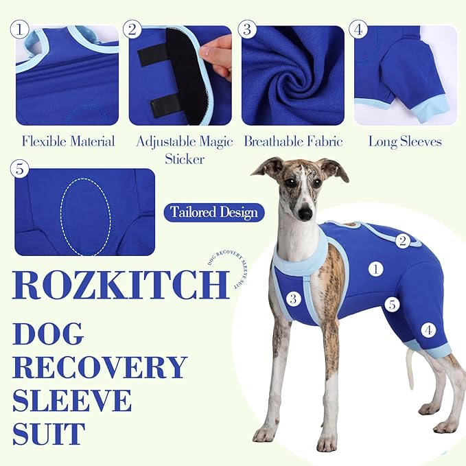 ROZKITCH Dog Surgery Leg Sleeve Rear Legs, Male Female Pet Prevent Licking Wound Elbow Knee Protector, Dog Recovery Suit Cone Collar Alternative Pants Shirt for Wound Heal Wrap Blue M