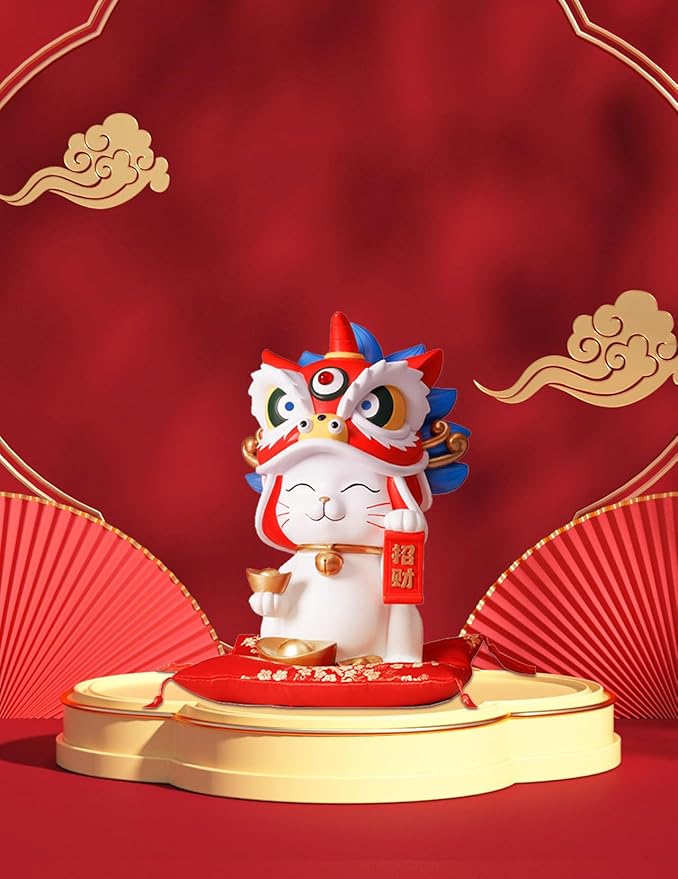Lucky Cat Waving Arm Resin Statue, 11x7.1x6.3in Maneki Neko Fortune Cat Coin Bank Chinese Lion Dance Figurine for Store Opening Home Office Desk Decor White Waving Cat Ornament