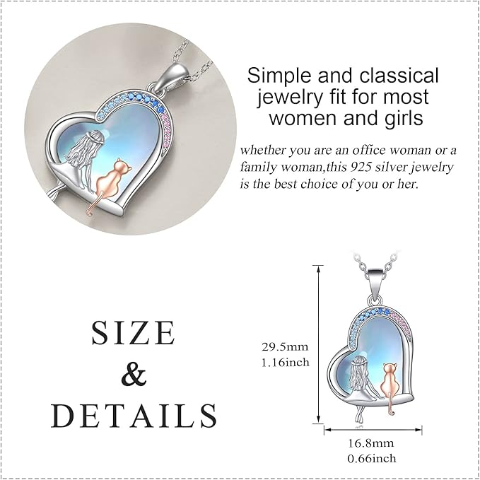 LUHE Cat Gifts Necklace for Cat lovers Women Sterling Silver Moonstone Cats Heart Pendant Necklace Jewelry Christmas Gifts
