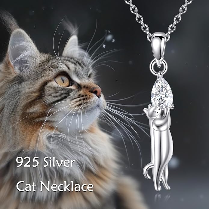 Cat Necklace Sterling Silver Cat Pendnat with Rose Quartz Pearl Jewelry Gifts for Women Cat Lovers