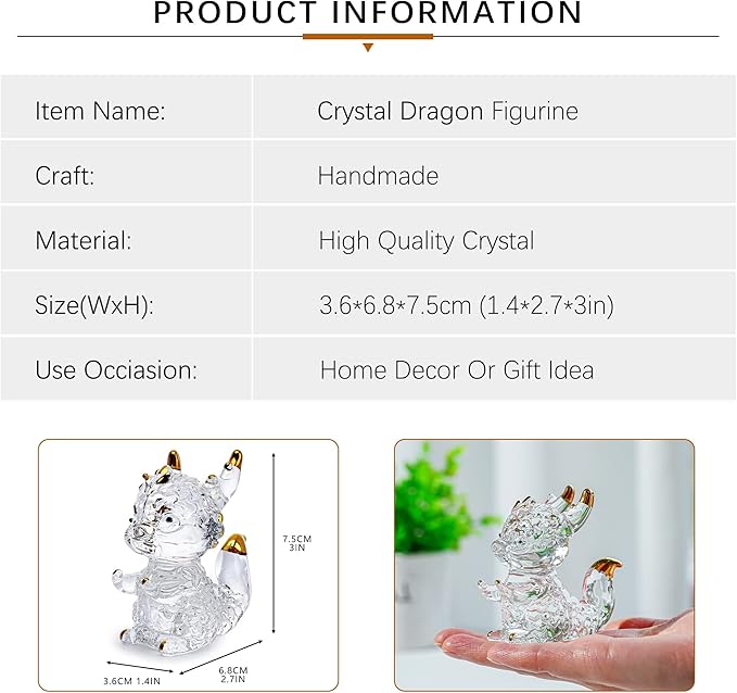 HDCRYSTALGIFTS 3inch Crystal Dragon Figurine Collectibles Art Glass Animal Ornament Decoration for Office Table Home Bedroom