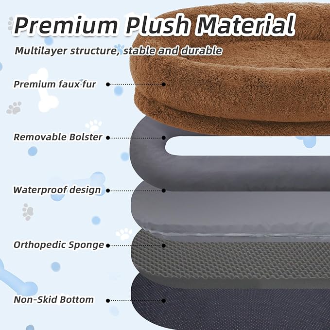 Human Dog Bed, Brown, 71''x45''x12'' Size Fits You and Pets, Washable Faux Fur Pet Bed for People Doze Off, Napping Orthopedic Dog Bed, Present Plump Pillow, Blanket, Strap