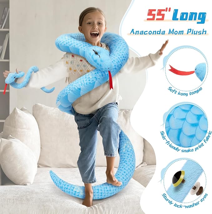 MorisMos 6 PCS Giant Snake Stuffed Animals Mommy with 3 Babies & 2 Eggs,55" Mama Stuffed Snake Toy for Kid Girl Boy,Realistic Blue Anaconda Toy,Colorful Baby Python Toys for Jungle-Themed Party Decor