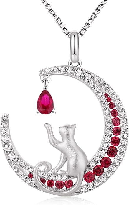jiamiaoi 18K White Gold Plated Cat Necklace 925 Sterling Silver Diamond Cat Necklace Silver Cat On Moon Necklace for Women Gift for Birthday/Christmas, Come with Gift Box