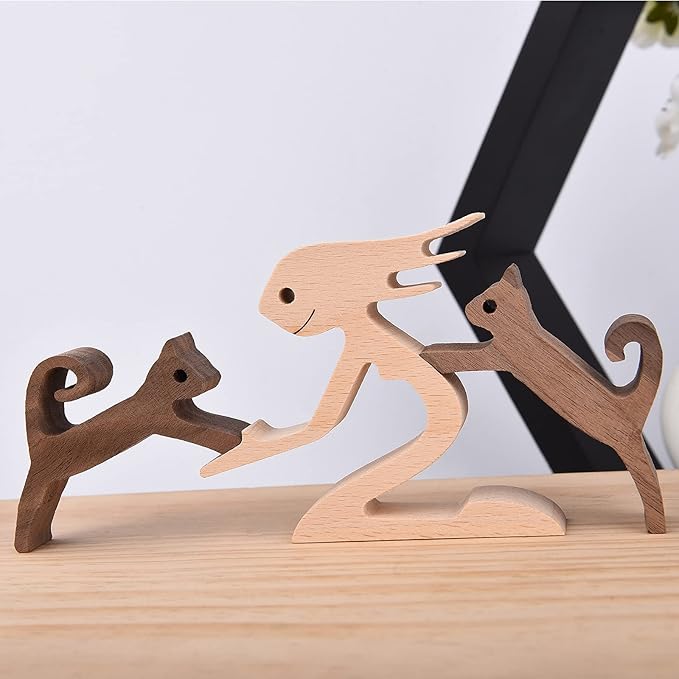 Woman and Cat Statue Wood Figurine Handcraft Kitty Ornament Home Decor Accents