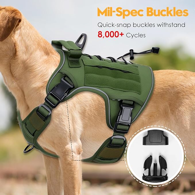 Heavy-Duty Tactical Dog Harness for Large Dogs, No Pull Adjustable Reflective Pet Vest with Molle System, K9 Military-Grade Control for Service Training, Outdoor & 10+ Breeds, Green, XX-Large