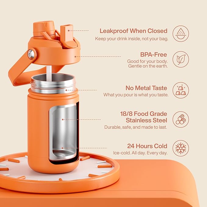 Kids Insualated Water Bottle with Straw - 12oz Stainless Steel Water Bottle with Dual Spouts, Leak-Proof, BPA-Free, Double Wall Vacuum Keeps Cold for 24 Hours for Sports, Travel (Moderate Orange)