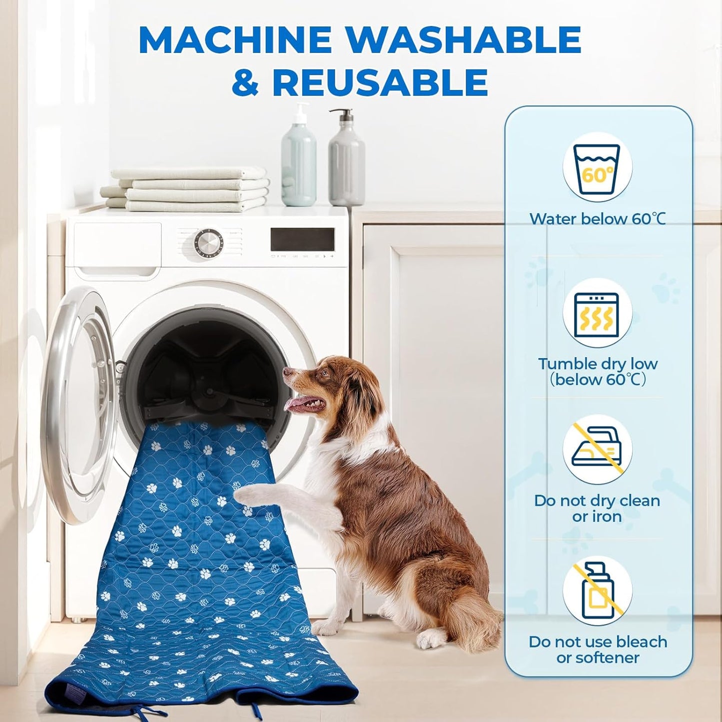 Fostanfly Washable Pee Pads for Dogs, 2 Pack Large 36"x41" Ultra-Absorbent and Leak-Proof Non-Slip Reusable Potty Training Pads for Dogs, Puppy & Cats of Add 8 Lanyards-Blue