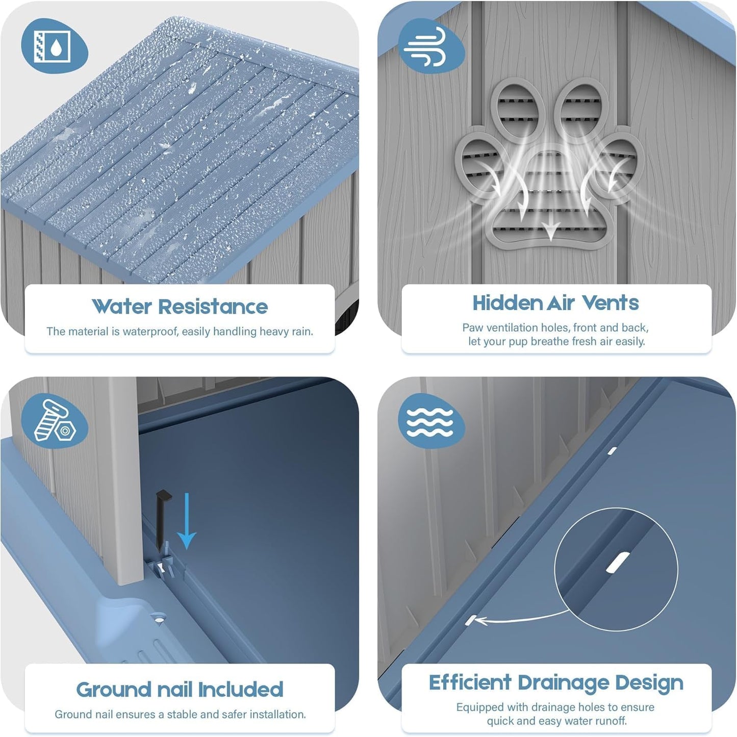 Large Outdoor Plastic Dog House - Indoor Outdoor Use for Medium & Large Dogs, Durable Waterproof Doghouse with Air Vents, Elevated Floor, Easy to Clean & Assemble(Blue2, 36.2''L×38''W×38''H)