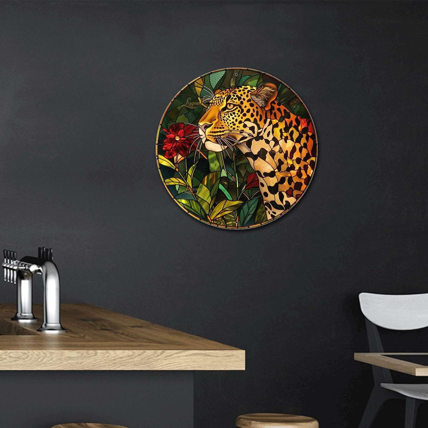 Lygond Metal Sign Tin Sign Circular Stained Glass Leopard Minimalist Wall Art for Garden 12×12 Inches