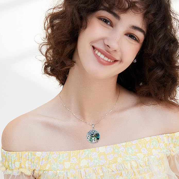 Celtic Moon Black Cat Necklace for Women - Abalone Tree of Life Sterling Silver Cat Lovers Jewelry