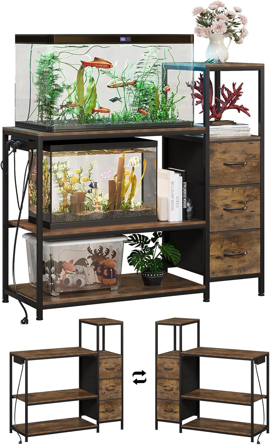 20 Gallon Aquarium Stand with Power Outlets Fish Tank Stand with 3 Drawers Metal Frame Heavy Duty Reptile Tank Stand with 3-Tier Storage Shelves,Left/Right Assembly, Adjustment Height