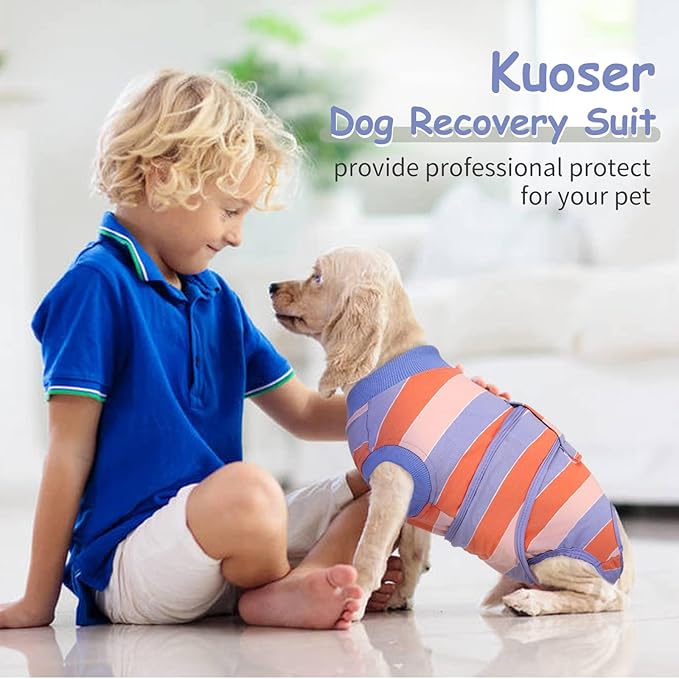 Kuoser Dog Surgery Recovery Suit for Female Male Dogs, Stripes Spay Neuter Anti-Licking Dog Onesie, Abdominal Wounds Surgical Suit Snugly Pet Collar Alternative Post Surgery Vest Bodysuit, Orange XL