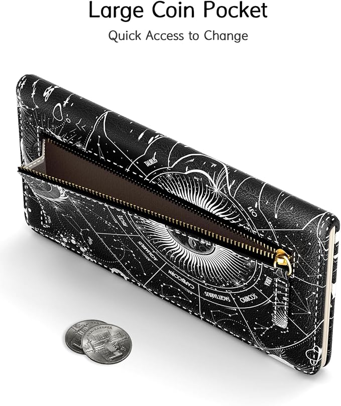 Nipichsha Womens Wallet, RFID Slim Wallets for Women, Thin Ladies Credit Card Holder Purse, Cute Leather Bifold Clutch Billfold with 11 Card Slots & ID Window, Sun Moon