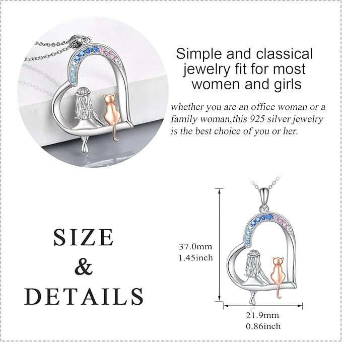 LUHE Cat Necklace Gifts 925 Sterling Silver Cat Heart Pendant Necklace Jewelry for Women