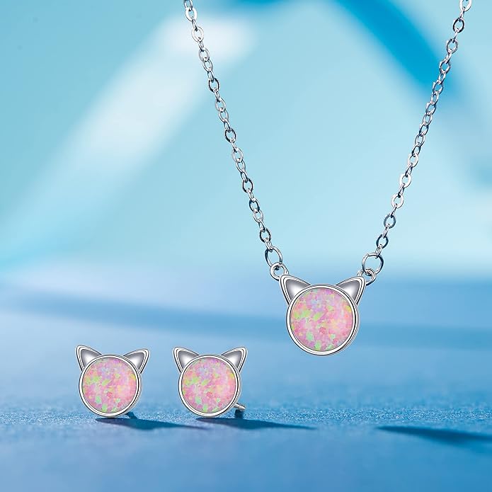 EVER FAITH 925 Sterling Silver Cute Cat Earrings Necklace Hypoallergenic Created Opal Lovely Animal Jewelry Set for Women