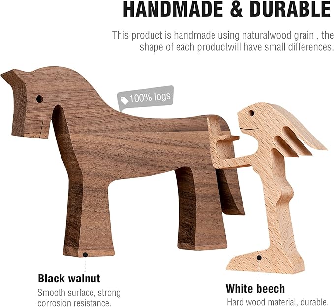 ISHINE Handmade Wooden Horse Sculptures Handmade Accents Craft Figurine for Home Decor Accents,Woman and Horse Wooden Statue,Animal Sculptures Collection,Gift for Horse Lover