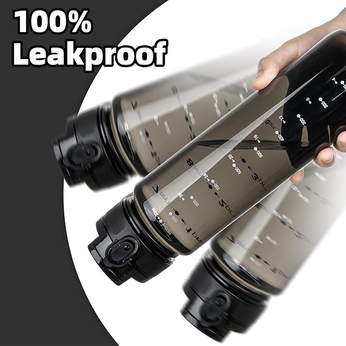 OLDLEY 32 oz Water Bottle, Motivational Water Bottle with Time Marker, Sports Water Bottle With Strap, Leakproof & BPA Free Large Water Bottles for School, Gym, Travel,Tritan, Transparent Black