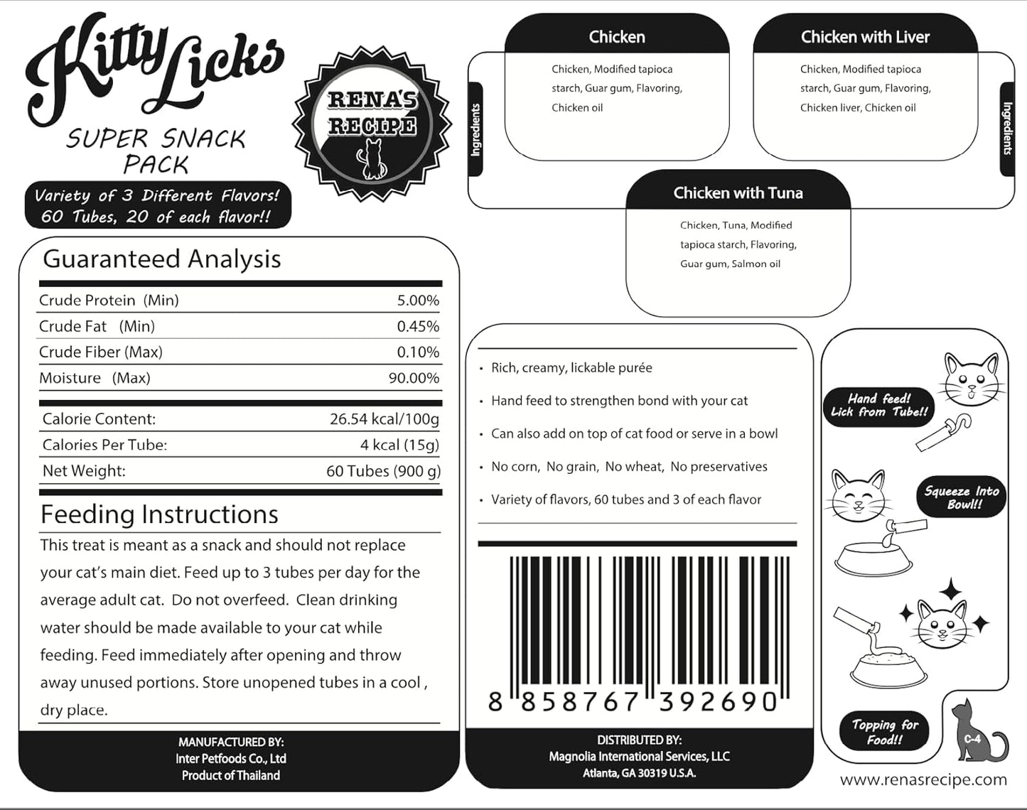 Rena's Recipe Kitty Licks Chicken Barrel (60 Tubes) 3 flavorsX 20 Tubes Cream Lickable Cat Treats 3 Different Flavors: Chicken, Chicken with Tuna, and Chicken with Liver