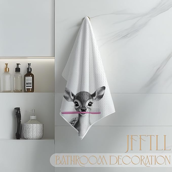 Funny Toothbrush Deer Hand Towels for Bathroom Washroom Restroom Decor, Deer Gifts for Women, Kids Hand Towels, 16x24 Inch