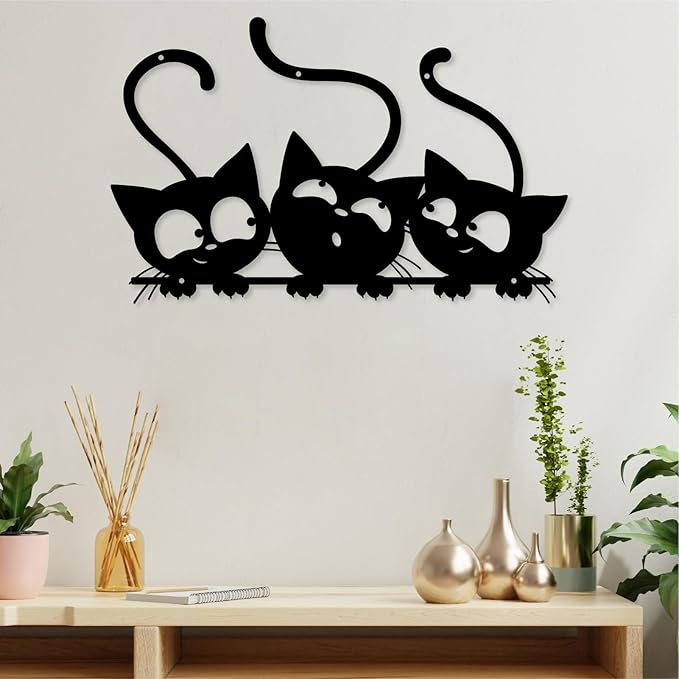 Three Black Cat Wall Art, Metal Cat Wall Decor, Black Cat Wall Sculpture for Cats Lover, Minimalist Room Living Room Patio Wall DéCor (14 inches)