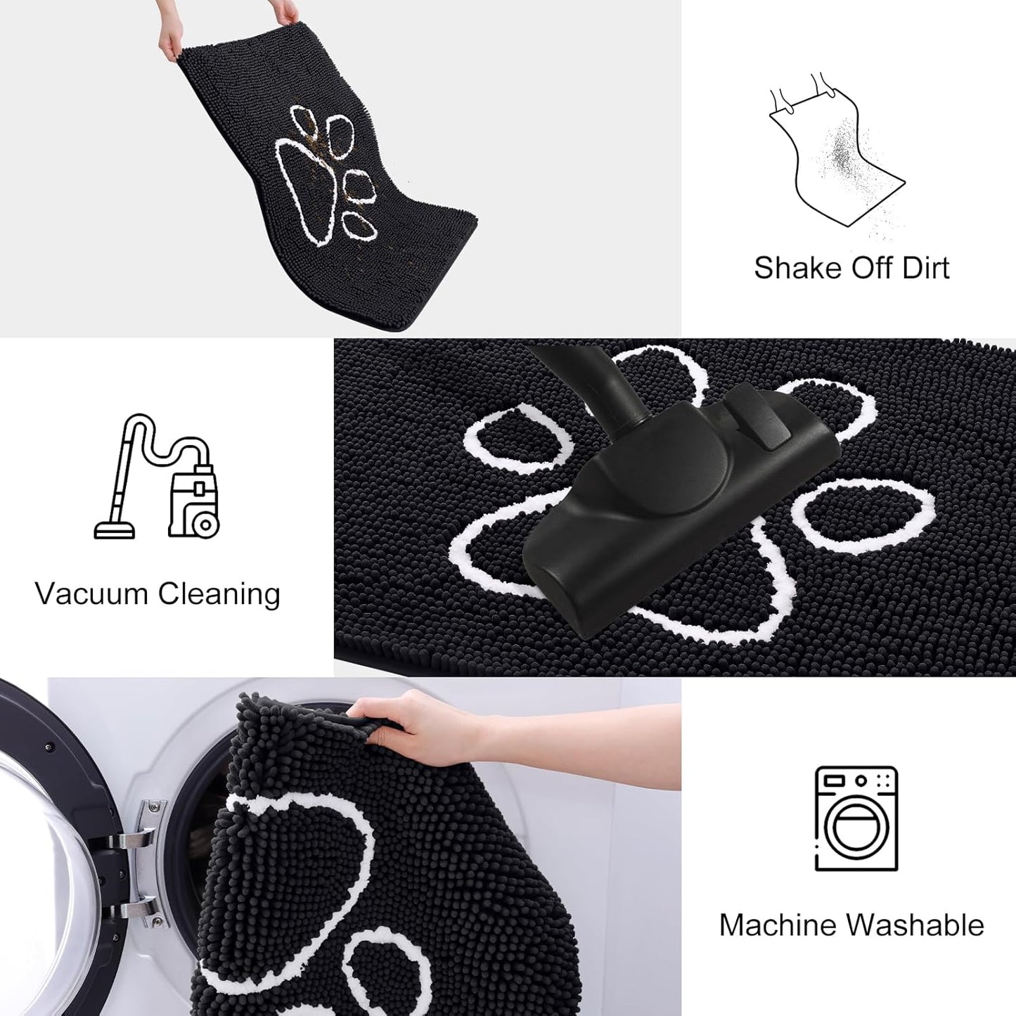 Smiry Dog Door Mat for Muddy Paws, Absorbent Dirt Trapper Non Slip Quick Dry Washable Chenille Mat for Mud Dogs, Entry Rug for Indoor and Outdoor (48x30 Inches, Black)