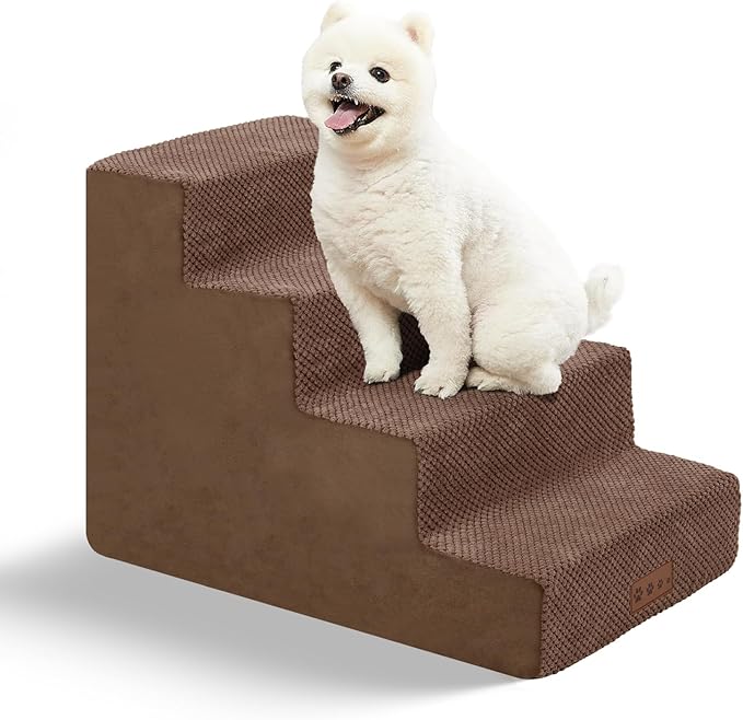 GGIB Dog Stairs for Small Dogs Cats Non-Slip Dog Steps for High Bed Pet Stairs for Sofa Couch Pet Ramp Pet Steps with Removable Washable Cover, Brown, 17" H, 4-Step