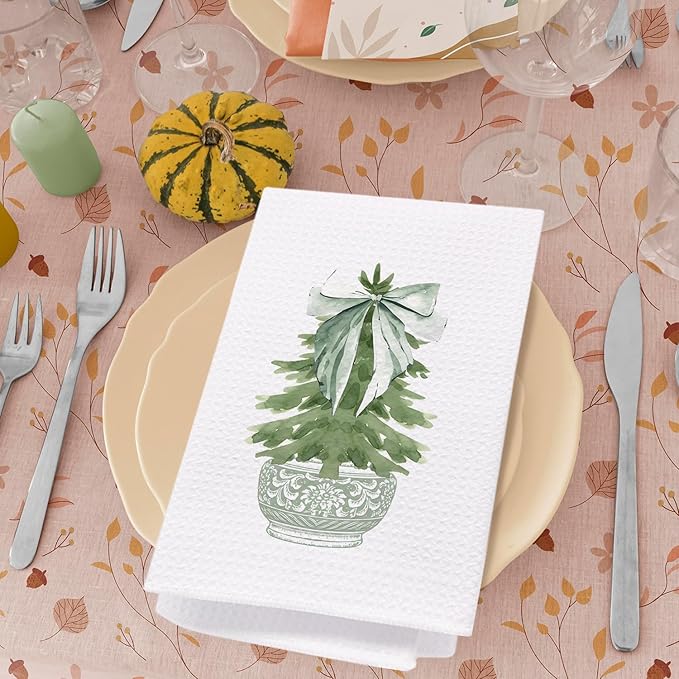 Chinoiserie Christmas Kitchen & Bath Towels, Sage Green Porcelain Chinoiserie Tree Hand & Dish Towels, 16x24 Inch