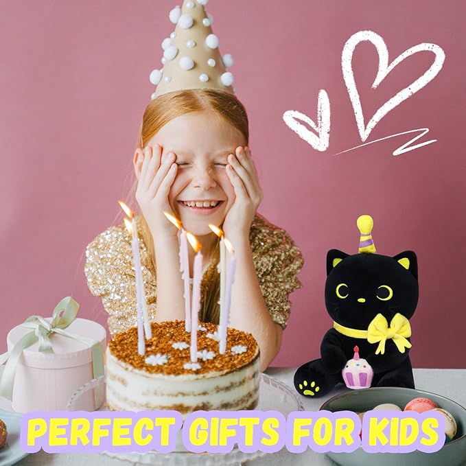 Black Cat Plush - 8 Inch Soft Cat Happy Birthday Stuffed Animal, Birthday Gifts for Kids Boys Girls