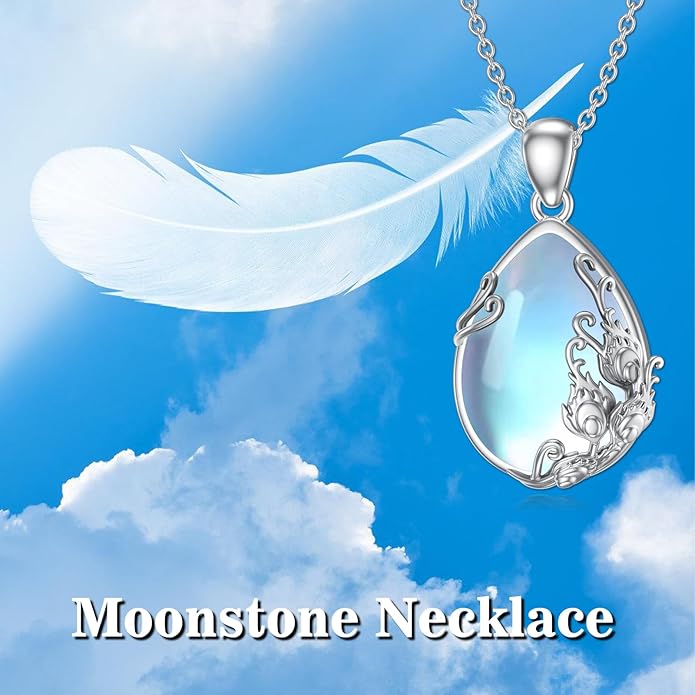 CRMAD Daisy/Black Cat/Dragonfly/Daffodil/Hummingbird/Stingray/Phoenix Feather/Rose Necklace Sterling Silver Moonstone Teardrop Pendant Necklace Flower Animal Jewelry Gifts for Women