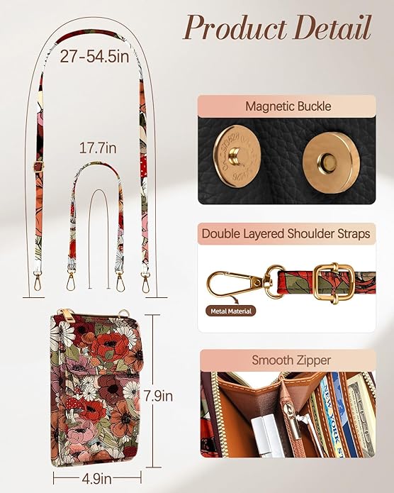 Cute Crossbody Purse Cell Phone Bags for Women - Leather Cellphone Wallet Purse with Handle Rope and Adjustable Shoulder Rope