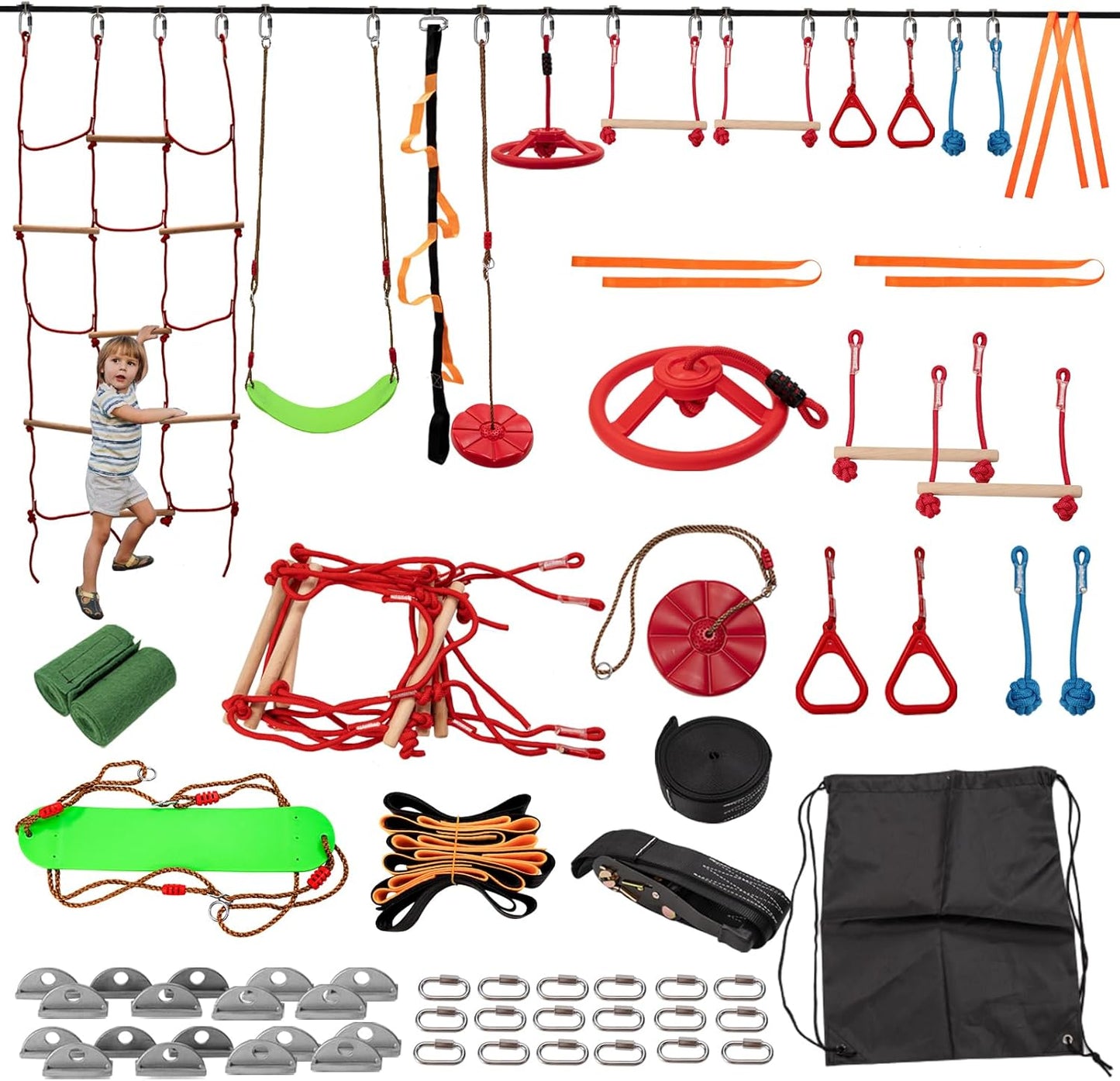 Slsy 60FT Ninja Warrior Obstacle Course (13 Obstacles), Ninja Slackline Kit for Kids, Durable Playset Equipment with 13 Most Complete Set-Monkey Bar,Swing, Balance Belt, Climbing Ladder & Net