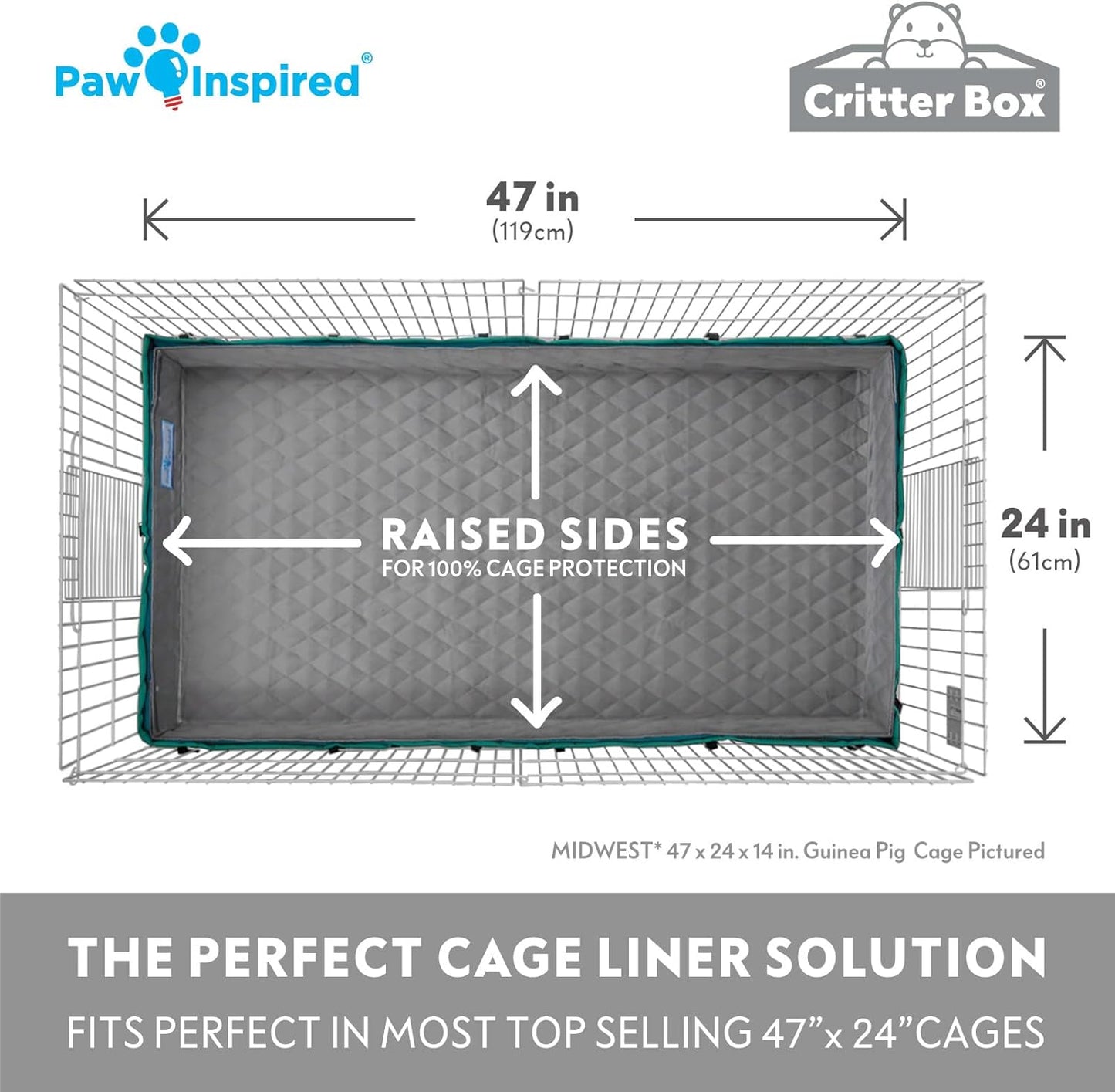 Paw Inspired Critter Box Washable Cage Liner with Raised Sides, Fleece Bedding with Waterproof Bottom, Edge Protected Pee Pads for Guinea Pigs, Rabbits, Hamsters, Small Animals (Midwest Size)