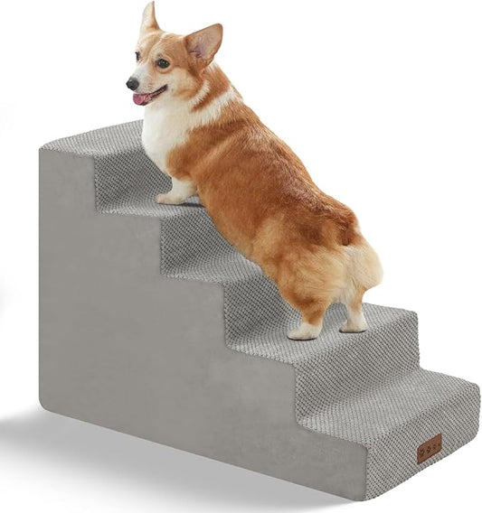 GGIB Dog Stairs for Small Dogs Cats Non-Slip Dog Steps for High Bed Pet Stairs for Sofa Couch Pet Ramp Pet Steps with Removable Washable Cover, Light Grey, 22" H, 5-Step