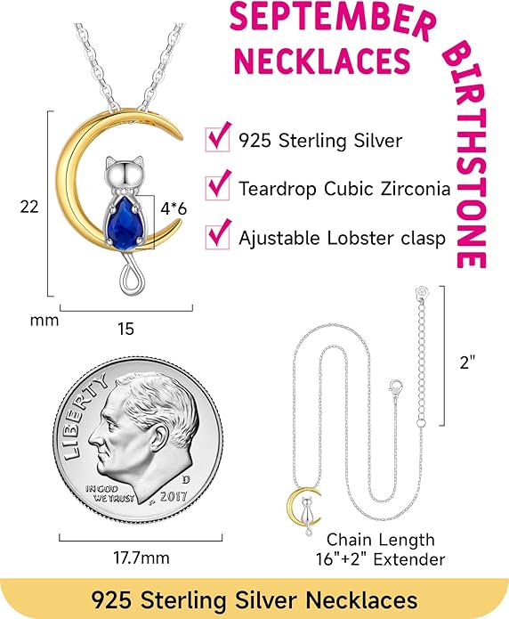 Birthstone Necklace for Women Girls, Cat Necklaces 925 Sterling Silver Teardrop Pendant 18K Gold-Plated Birthstone Jewelry Gifts for Birthday Easter