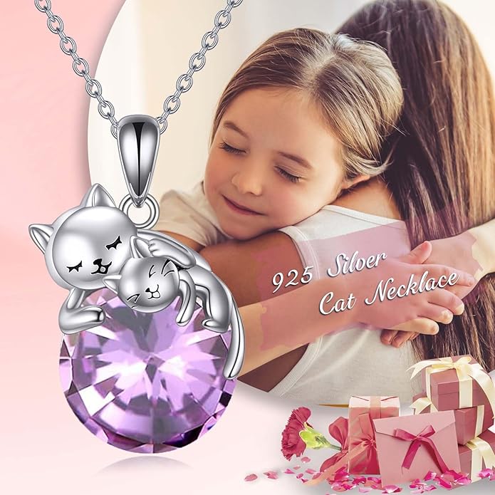 Cat Necklace Sterling Silver Cat Pendnat with Rose Quartz Pearl Jewelry Gifts for Women Cat Lovers