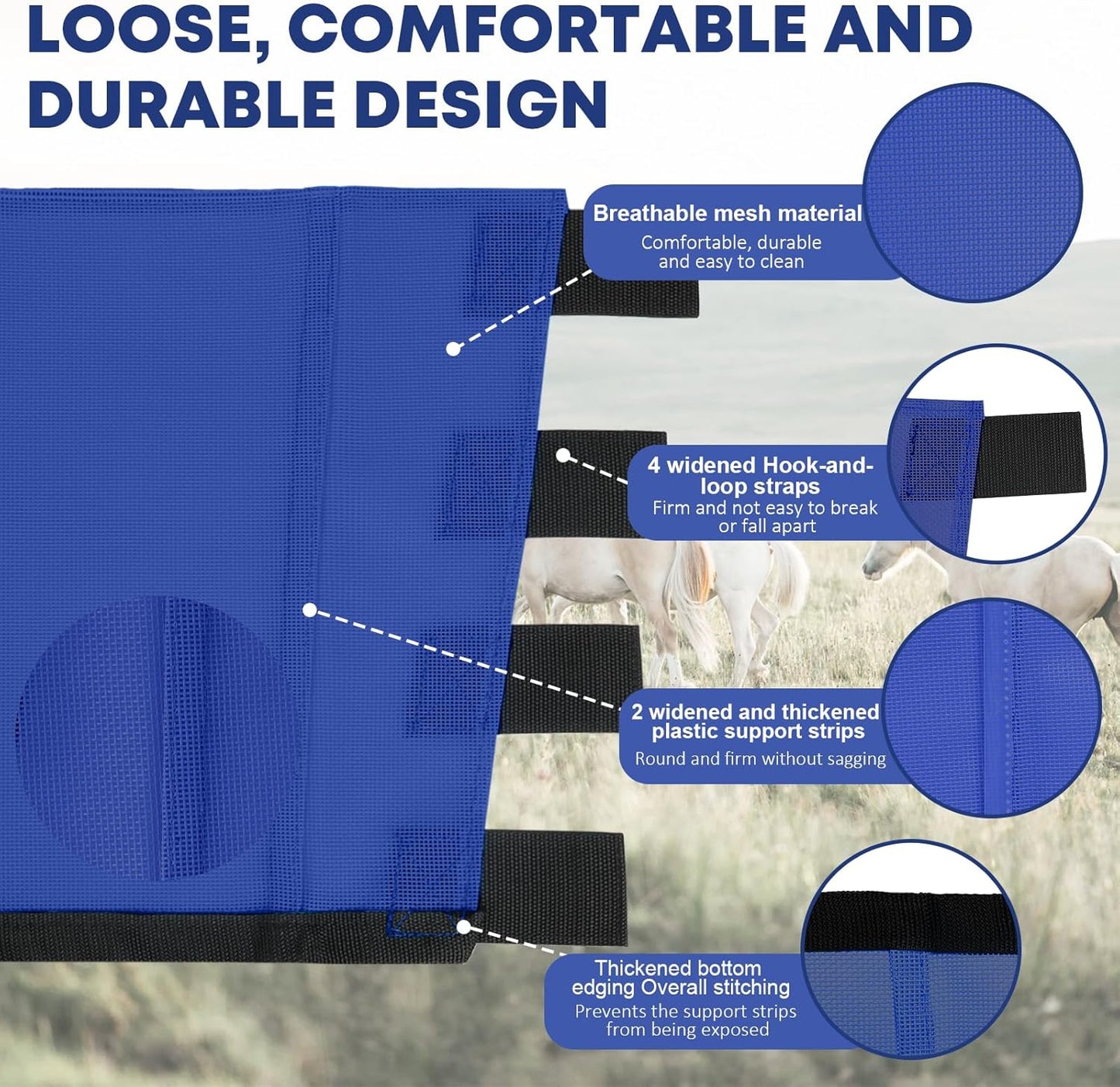 Premium 4-Pack Horse Fly Boots & Leggings Loose-Fit Fine Mesh with Stay-On Fasteners, Support Strips & Anti-Stomp Design Breathable Non-Slip Protection Leg Wrap (Large) Royal Blue