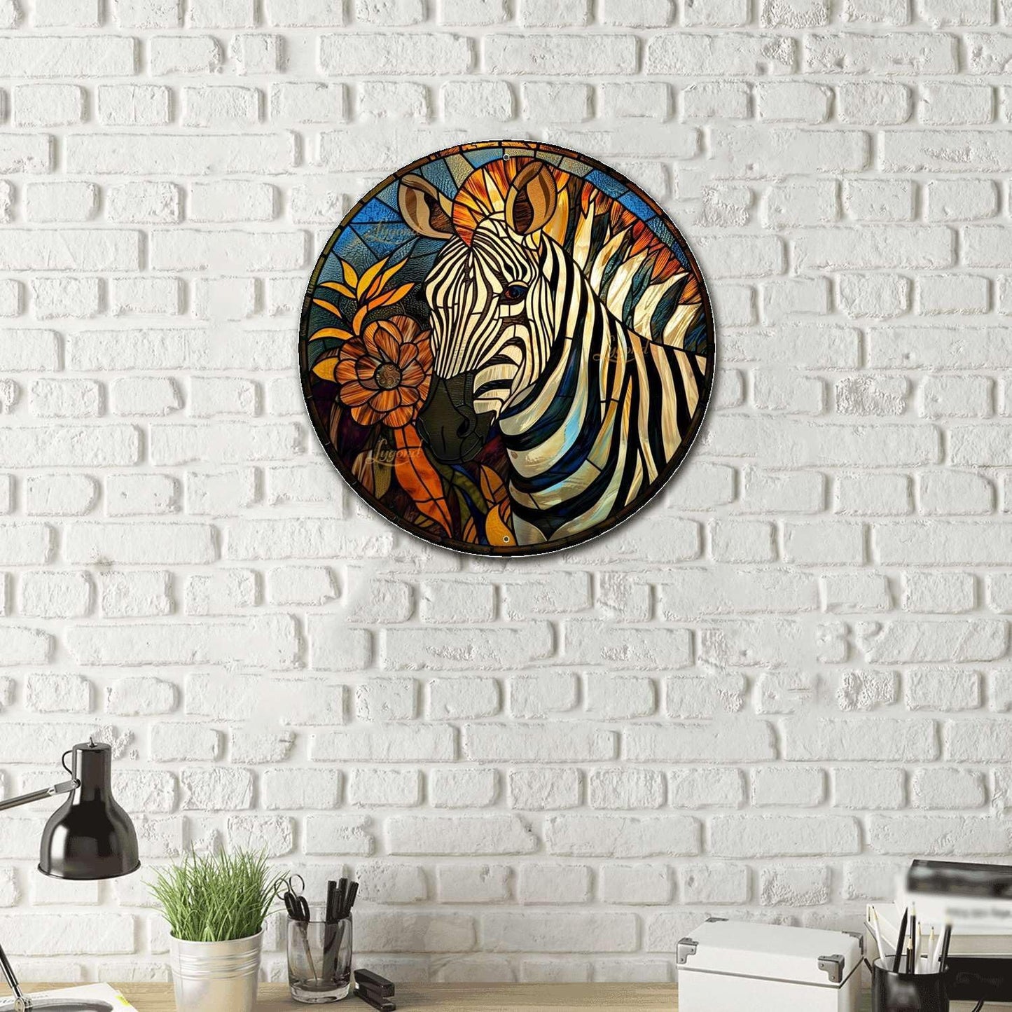 Lygond Metal Sign Tin Sign Circular Stained Glass Zebra Boho Office Decor for Gift 8×8 Inches