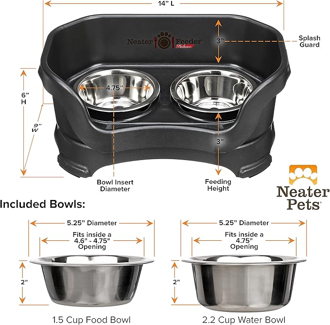 Neater Pet Brands Neater Feeder Deluxe Mess Proof Dog Bowls Elevated for Small Dogs Under 19 lbs, Made in USA, No Spill Raised Dog Food Bowl Stand Feeding Station, Food and Water Bowl Set, Black